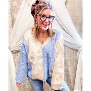 Entro V Neck Long Sleeve Sweater Pullover Drop Shoulder Blue Print Large Ovrsize